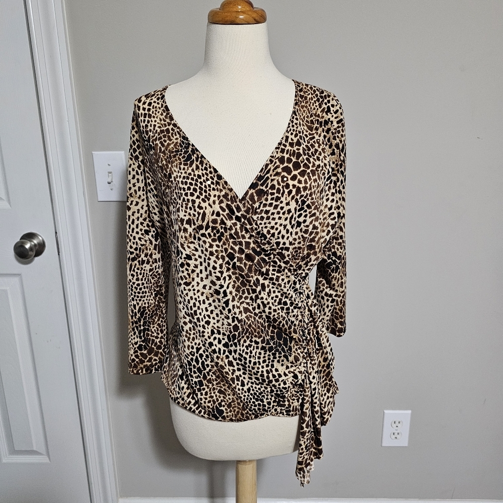 Dressbarn Leopard Print Jersey Knit Wrap Top M